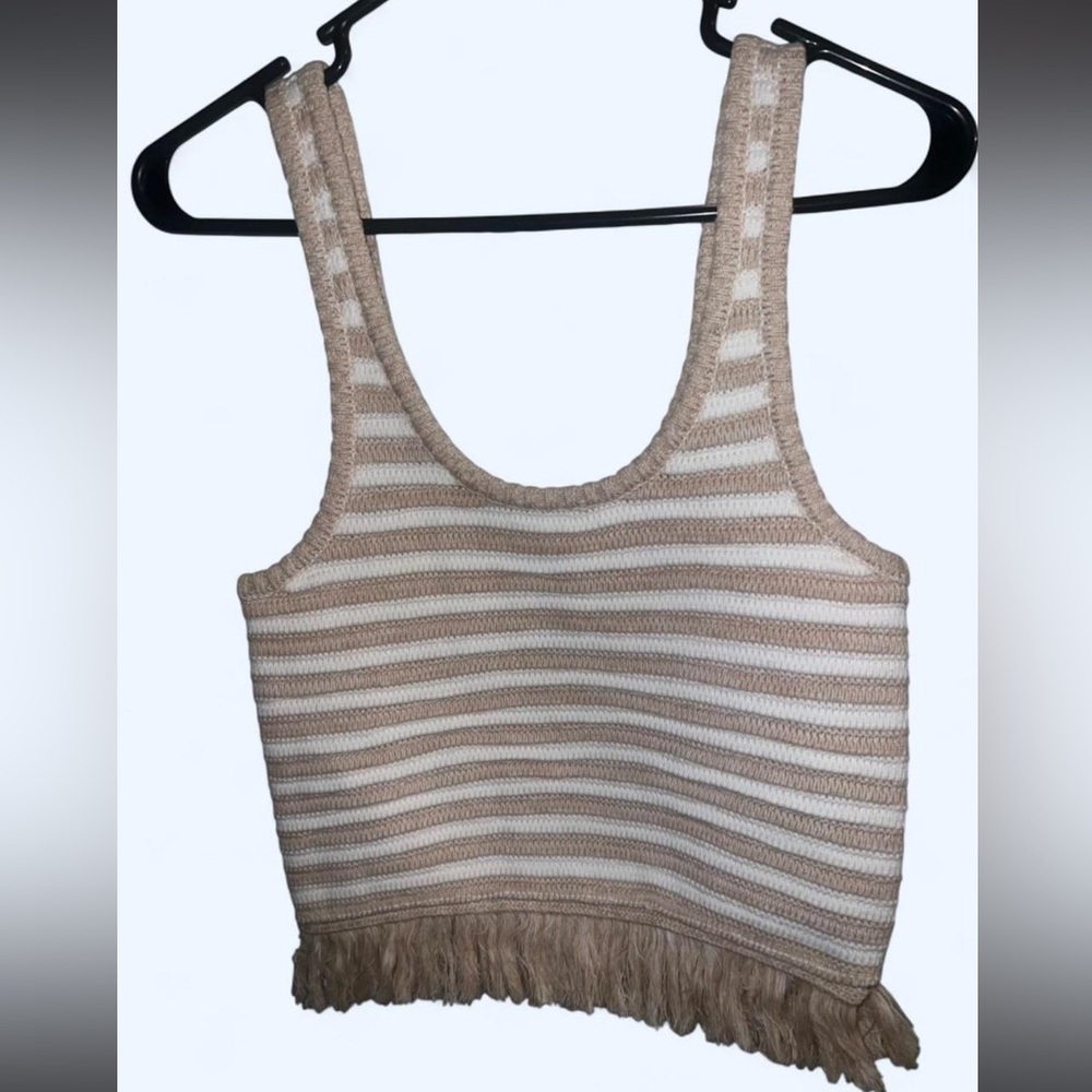 The Upside Beige and White Striped Fringe Top